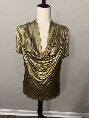 Trina Turk Women Metallic Gold Cowl Neck Short Sleeve Shimmer Blouse L New Years